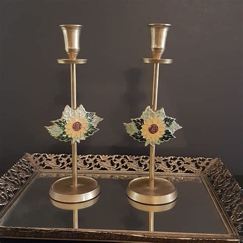 Pair Of Tall Brass Candlesticks Enameled Sunflower 10 Candle Holder