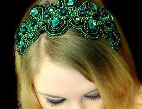 Emerald Green Headband Beaded Hair Accessory Rhinestone Belt Or