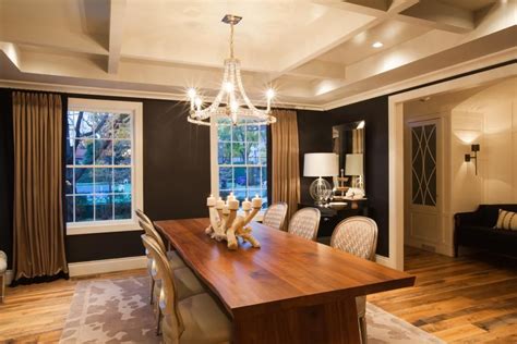 Neutral Transitional Dining Room With Coffered Ceiling