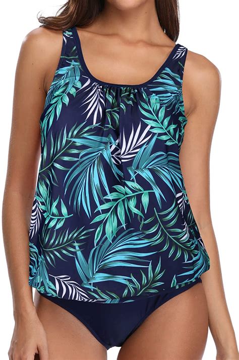 Yonique Womens 2 Piece Blouson Tankini Swimsuits Floral Leaf Size X Large Suka Ebay