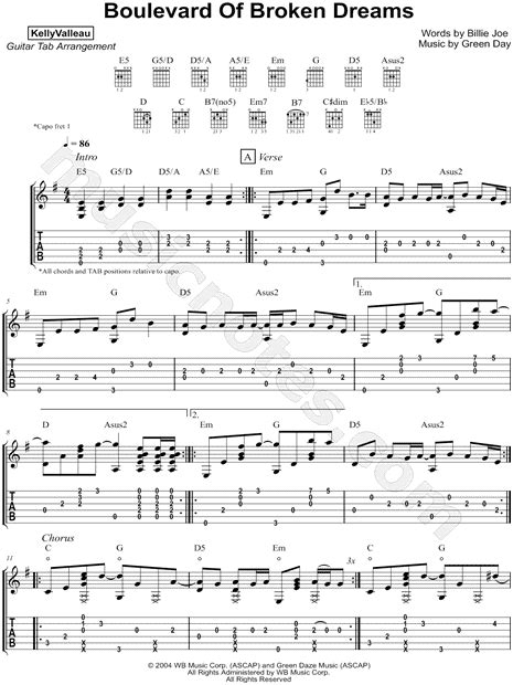 Kelly Valleau Boulevard Of Broken Dreams Guitar Tab In E Minor