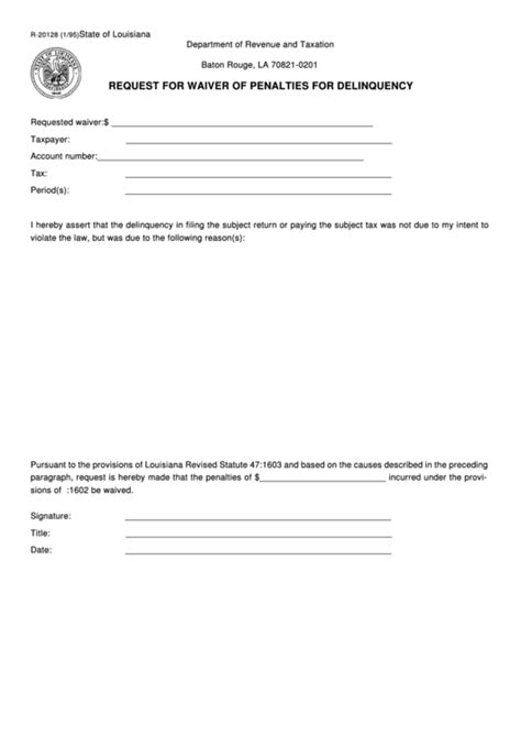 Write a letter to the irs requesting a penalty waiver. Fillable Form R-20128 - Request For Waiver Of Penalties For Delinquency - 1995 printable pdf ...
