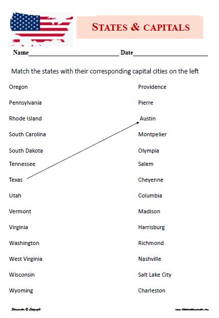 States And Capitals Matching Worksheets Edumonitor