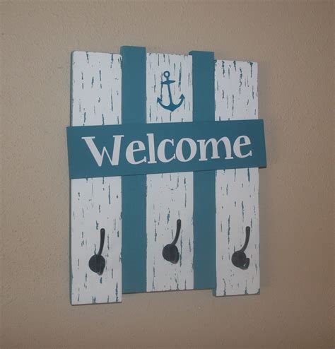 Nautical Lake Cabin Welcome Sign With Hooks Entryway Display Wood