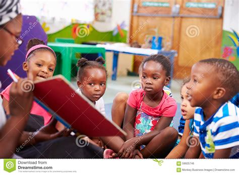 Teacher Reading A Book With A Class Of Preschool Children