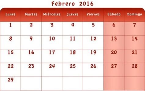 Calendario Febrero 2016 Excel