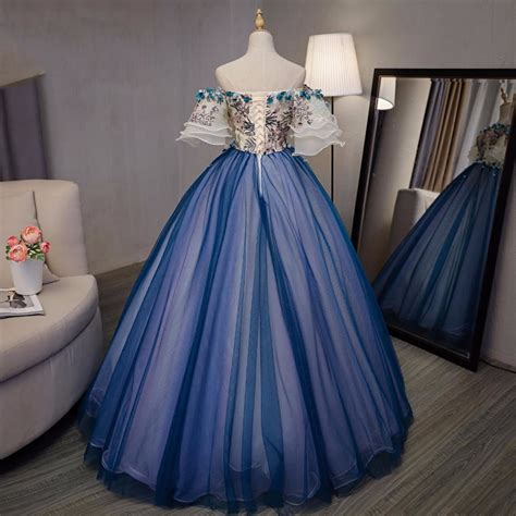 Ball Gown Prom Dresses Royal Blue And Ivory Hand Made Flower Prom Dres