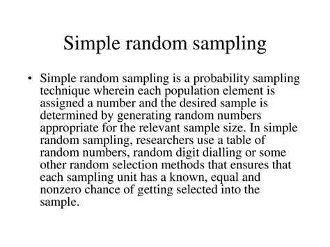 Simple random sampling is sampling where each time we sample a unit, the chance of being sampled is the same for each unit in a population. Sampling - презентация онлайн