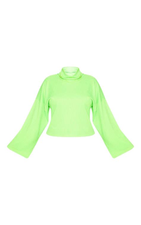 Neon Lime Rib High Neck Flare Sleeve Top Prettylittlething Usa