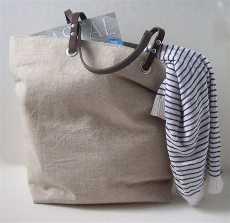 Items Similar To Tote Bag Natural Linen And Dark Brown Leather On Etsy