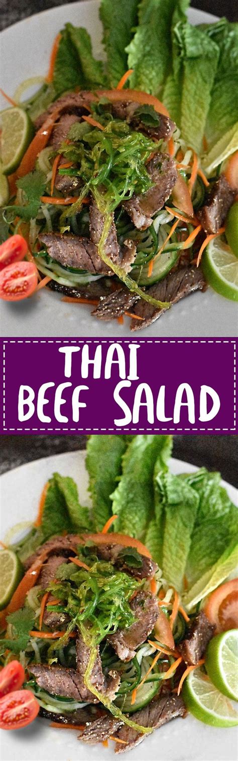 Thaibeefsalad Grilled Steak Is Served On A Bed Of Spiral Cucumber Romaine Lettuce Carrots