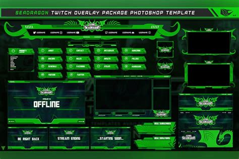 Green Sea Dragon Twitch Overlay Package Photoshop Template 646532