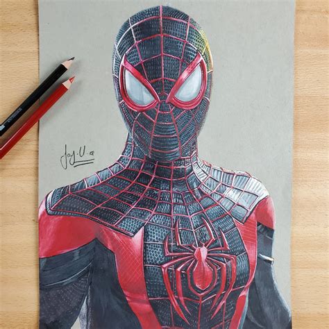 Spider Man Miles Morales Classic Suit Color Pencil Drawing Etsy