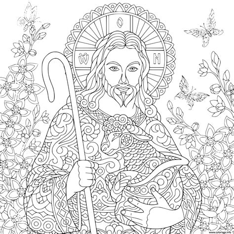 Coloriage Religieux Paques Jesus Christ Avec Un Agneau Portrait De