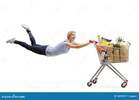 Woman Being Pulled By A Shopping Cart Stock Image Image Of Background