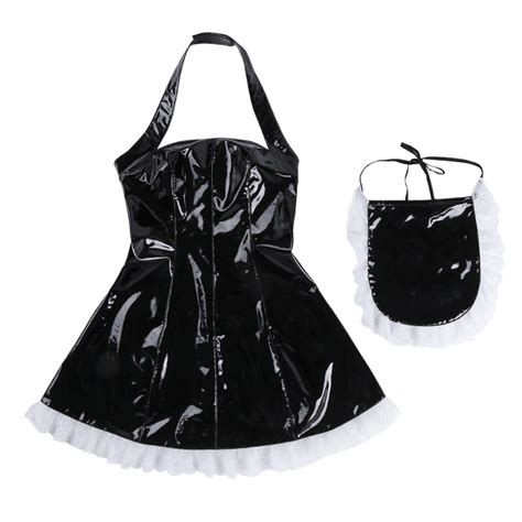 Pcs Wet Look Patent Leather Maid Dress Cosplay Role Playing Costume Maidservant Outfits Halter