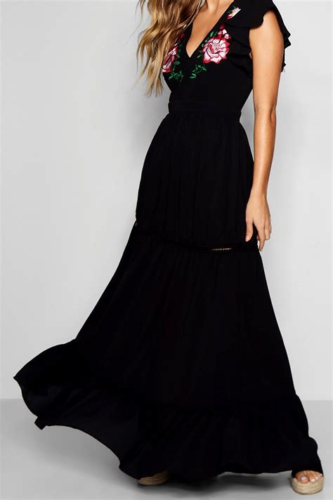 Embroidered Ruffle Hem Maxi Dress Boohoo Maxi Dress Outfit Maxi