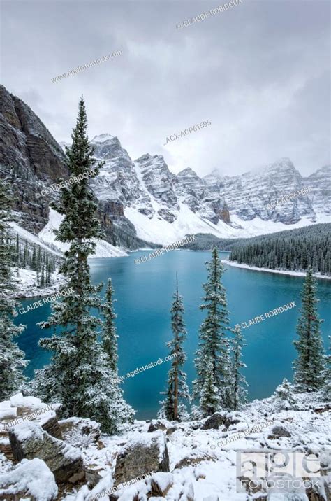 Moraine Lake And The Valley Of The Ten Peaks After A Snow Storm Stock
