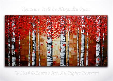 Original Abstract Red Birch Trees Painting Impasto By Dlaurasart