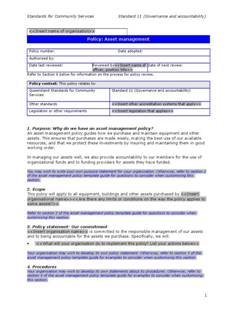 115 Asset Management Policy Template Asset Management Governance