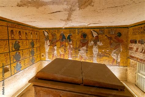 interior view of the inner chamber and ancient sarcophagus tomb of pharoah king tutankhamun