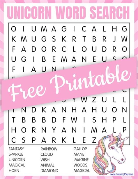 Unicorn Word Search Free Pdf Printable Growing Play