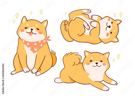 Cute Shiba Inu Dogs In Various Poses Hand Drawn Kawaii Colored Vector