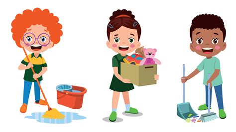 Vector Cartoon Kids Cleaning At Home Set Children In Various Cleaning