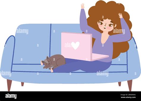 Working Remotely Young Woman In Room With Laptop On Sofa Vector