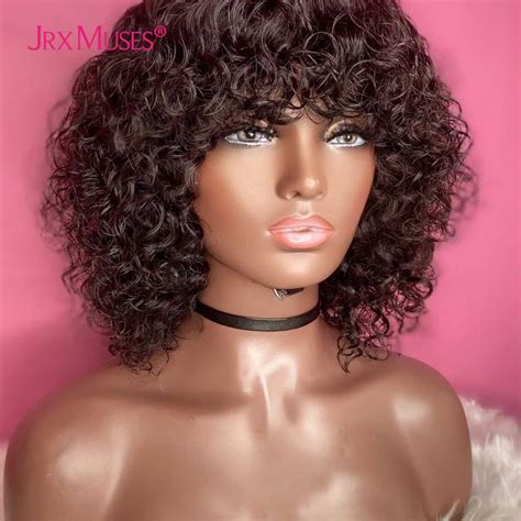 Burgundy Water Wave Curly Wig With Bangs 4 Color Highlights Human Hair