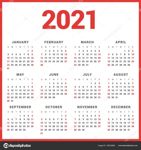Calendar For 2021 Year On White Background Week Starts Sunday Simple