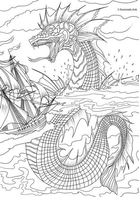 Sea Monster Printable Adult Coloring Page From Favoreads Etsy