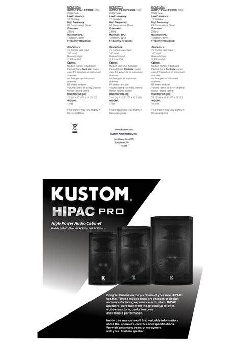 Kustom Hipac Pro Series Speaker Manual Manualslib
