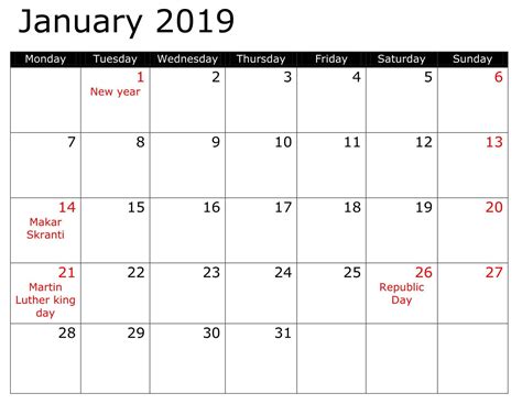 January 2019 Holiday Template Calendar Calendario