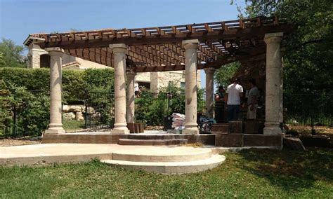 Pergola With Cantera Stone Columns In Pinon Rustico Tile And Stone