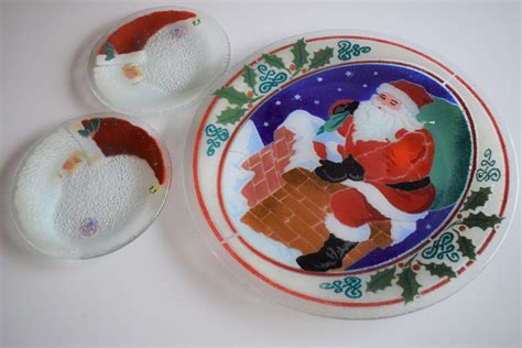 Peggy Karr Christmas Fused Glass Plate Set Large Platter 2 Etsy Canada Fused Glass Plates