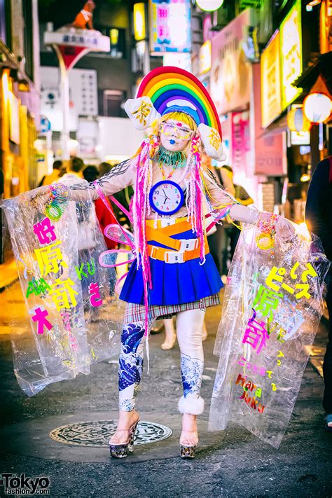 harajuku girl wearing colorful handmade and remake fashion on the street in shibuya tokyo fashion