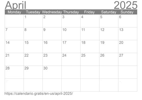 Calendar April 2025 From United States Of America In English ☑️