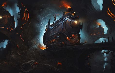 Обои Рисунок Паровоз Локомотив Поезд Пещера Мир Fantasy Демоны