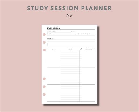 A5 Study Session Planner Printable Insert Study Tracker Etsy Academic