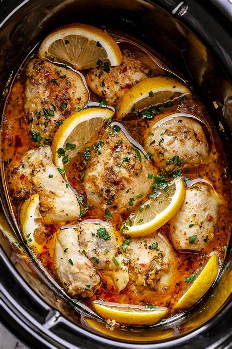 crock pot chicken thighs recipe with lemon garlic butter easy crockpot chicken recipe — eatwell101