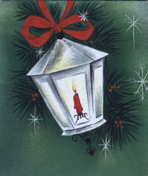 Vintage Hallmark Christmas Card Lantern With Red Ribbon