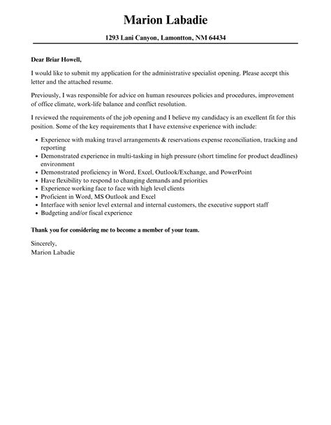 Administrative Specialist Cover Letter Velvet Jobs