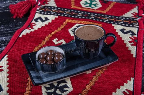 Traditional Turkish Coffee In Porcelain Cup On Wooden Table Anatolian