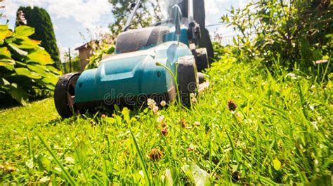 Lawn Mover On Green Grass In Modern Garden Or Backyard Machine For