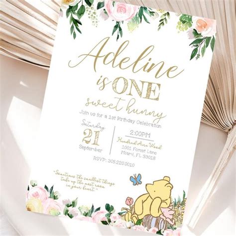 Classic Winnie The Pooh Birthday Invitation Floral Editable Etsy