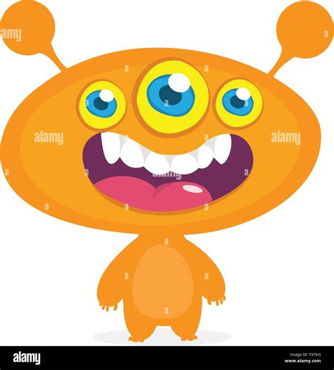 Cool Cartoon Alien With Three Eyes Vector Orange Monster Illustration