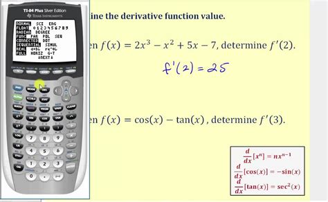 The derivative of a function f is an expression that tells you what the slope of f is in any point in the domain of f. Determine a Derivative Function Value on the TI84 (Newer ...