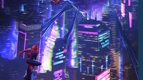 Spider Man Into The Spider Verse Movie Poster With Cityscape In