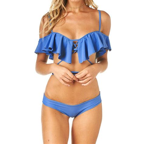 2019 Sexy Off Shoulder Ruffled Bandeau Thong Biquini Strappy Swimsuit